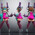 3D Character Wearing Pink Dress Purple Stockings Mechanical Headgear Holding Weapons Three Angles View