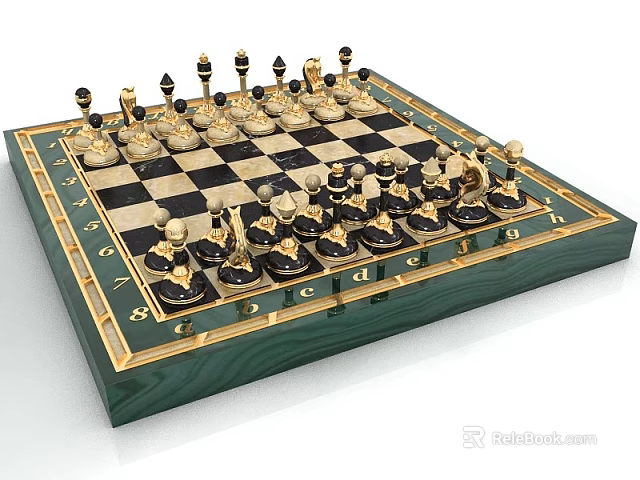Elegant Chess Set with Green Border Chessboard and Gold Black Pieces for Board Game Entertainment 3d model 