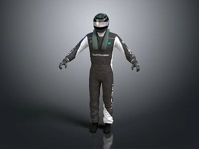 Racing Driver Wearing Black And White Racing Suit With TecnamLamb Logo Helmet And Gloves 3d model