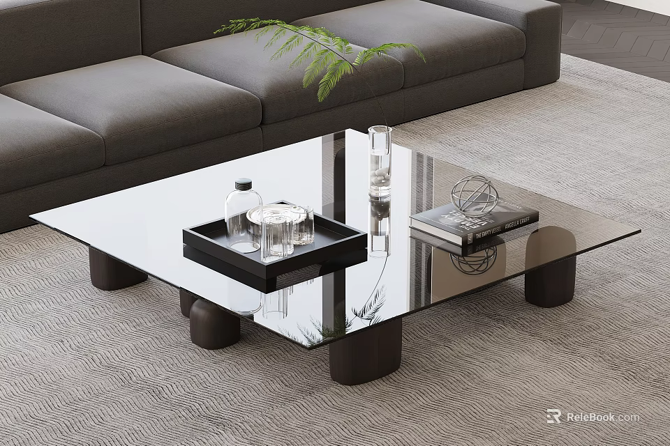 Modern Glass Coffee Table With Black Cylindrical Legs Black Tray Glass Cups Bottle And Magazine 3d model 