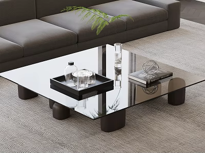 Modern Glass Coffee Table With Black Cylindrical Legs Black Tray Glass Cups Bottle And Magazine 3d model