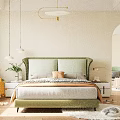 Cozy Modern Double Bed With Green Upholstered Headboard Pillows Checkered Blanket Nightstand And Green Plants