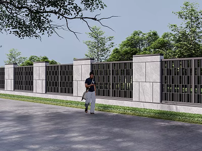 Building Exterior Wall with Gray Pillars Black Grilles Surrounded by Trees Grass on Gray Pavement 3d model