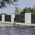 Building Exterior Wall with Gray Pillars Black Grilles Surrounded by Trees Grass on Gray Pavement