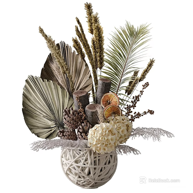 Natural Woven Vase With Dried Palm Leaves Pine Cones And Hydrangea Flowers 3d model 