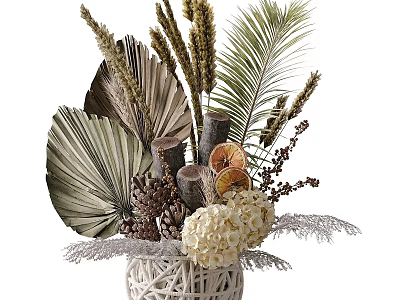 Natural Woven Vase With Dried Palm Leaves Pine Cones And Hydrangea Flowers 3d model