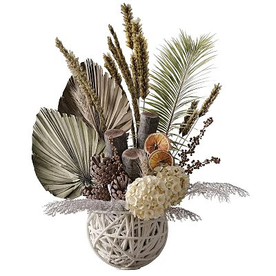 Natural Woven Vase With Dried Palm Leaves Pine Cones And Hydrangea Flowers 3d model