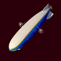 Goodyear Airship With Blue And White Yellow Stripe Propellers Flying In Clear Blue Sky