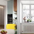 Kitchen Interior with Wooden Cabinets Light Blue Accents Yellow Chairs Round Table and Pendant Lights