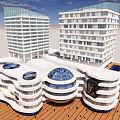 Modern Commercial Street With High Rise Buildings Circular Design Pedestrians And Cars