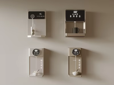 Four Modern Wall Mounted Kitchen Appliances With Digital Displays And Various Cups 3d model