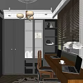 Modern Study Room With Dark Bookshelf Chandelier Laptop Desk And Window Blinds