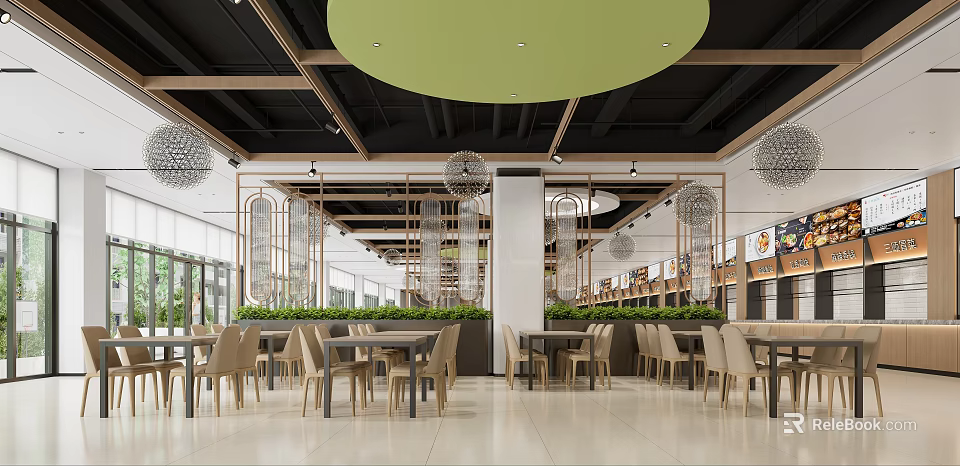 Modern Restaurant Interior With Tables Chairs And Greenery 3d model 