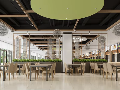 Modern Restaurant Interior With Tables Chairs And Greenery 3d model