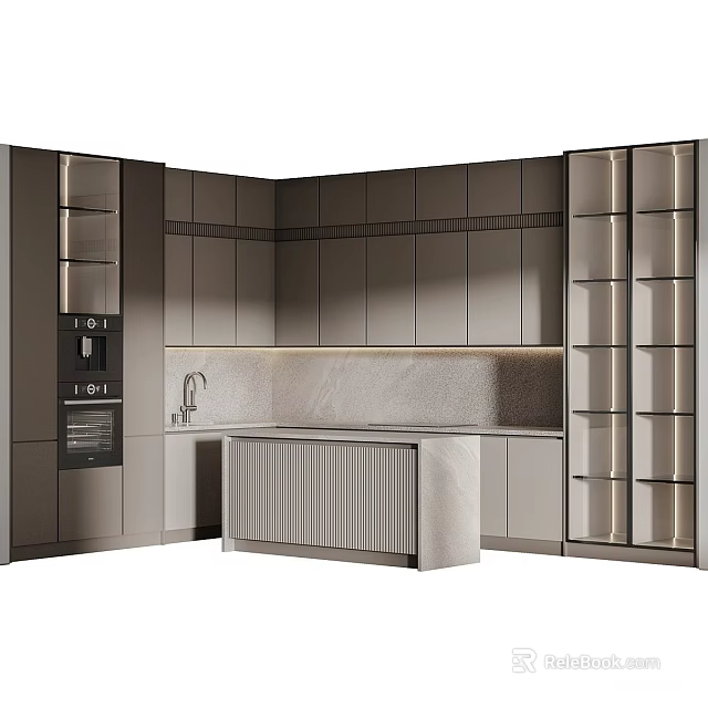 Modern Kitchen Interior Featuring Gray Cabinets Island Countertop And Built in Appliances 3d model 