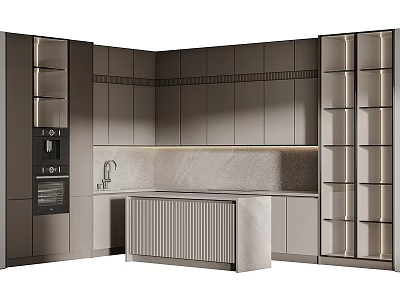 Modern Kitchen Interior Featuring Gray Cabinets Island Countertop And Built in Appliances 3d model