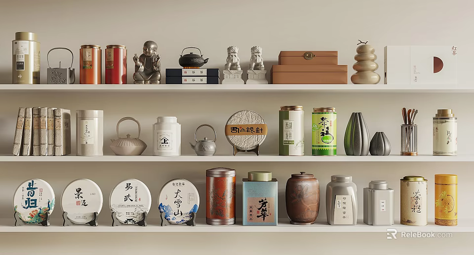 Traditional Tea Utensils Display On Shelves With Tea Cans Teapots Tea Cakes And Statues 3d model 