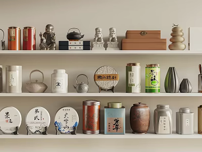 Traditional Tea Utensils Display On Shelves With Tea Cans Teapots Tea Cakes And Statues 3d model