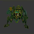 Elaborate Mechanical Creature Design With Golden Blue Accents Weapon Like Appendages And Multi Legged Structure