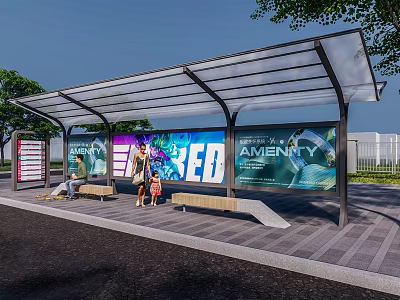 Modern Bus Stop Featuring Transparent Roof Bench LED Billboard and Green Trees 3d model