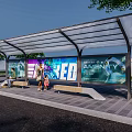 Modern Bus Stop Featuring Transparent Roof Bench LED Billboard and Green Trees