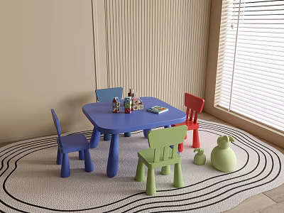 Children's Blue Table and Multi Colored Chairs Set with Toys in Kids Room 3d model