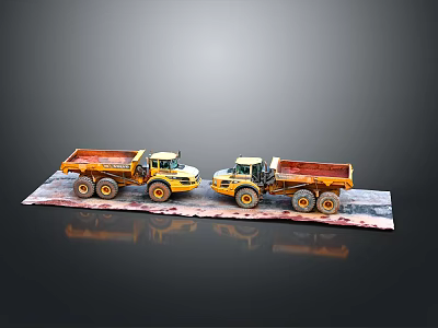 Two Yellow Dump Truck Models Displayed on Platform with Black Background 3d model