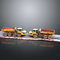 Two Yellow Dump Truck Models Displayed on Platform with Black Background