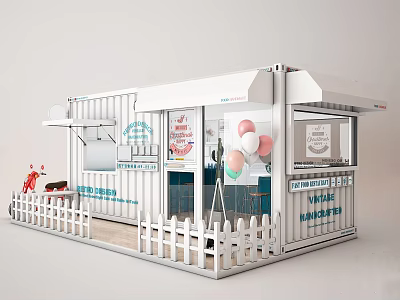 Modern Container Building Kiosk With Open Front White Picket Fence And Balloons 3d model