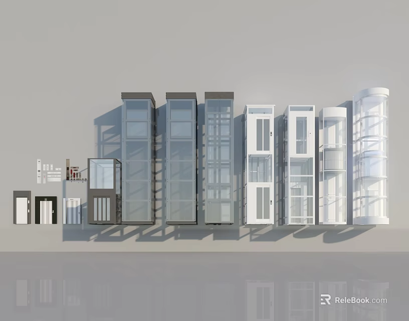 Modern Elevator Design Collection Featuring Glass Panels and Black White Gray Frames 3d model