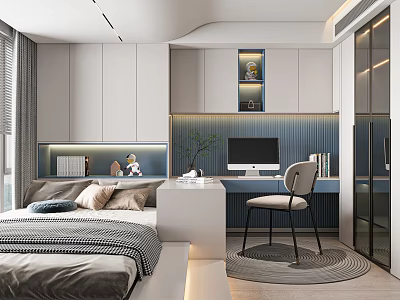 Modern Tatami Bedroom Interior Design With Cozy Bed Built in Desk And Storage Cabinets 3d model