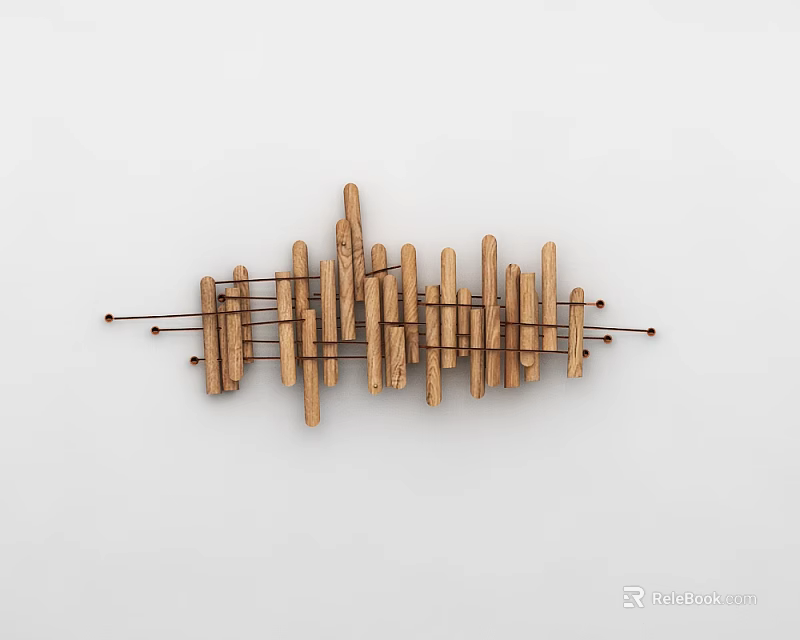 Decorative Ornament Set With Wooden Sticks Metal Rods Irregular Lengths Wavy Arrangement On White Wall 3d model 