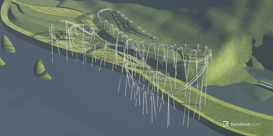 Outdoor Amusement Park Roller Coaster With Winding Steel Track And Scenic Green Landscape 3d model 