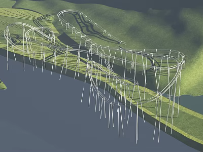 Outdoor Amusement Park Roller Coaster With Winding Steel Track And Scenic Green Landscape 3d model