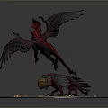 Mythical Winged Dragon Creatures Adult And Juvenile Red Black Hues Luminous Blue Accents On Sandy Base