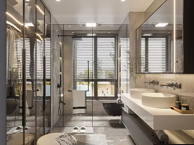 Modern Bathroom Interior With Glass Shower Bathtub Double Sinks Marble Countertop And Blinds 3d model