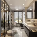 Modern Bathroom Interior With Glass Shower Bathtub Double Sinks Marble Countertop And Blinds