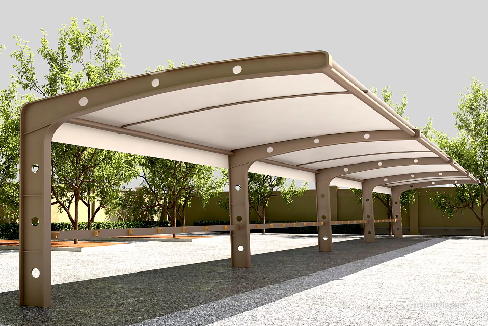 Outdoor Carport Structure With Curved White Roof And Support Pillars Surrounded By Trees 3d model 