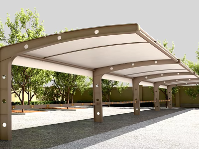 Outdoor Carport Structure With Curved White Roof And Support Pillars Surrounded By Trees 3d model