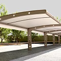 Outdoor Carport Structure With Curved White Roof And Support Pillars Surrounded By Trees