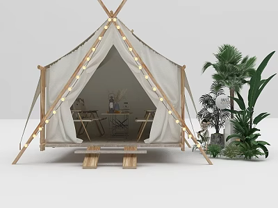 Cozy Canvas Tent With Wooden Frame String Lights Interior Table Chairs And Outdoor Palm Plants 3d model