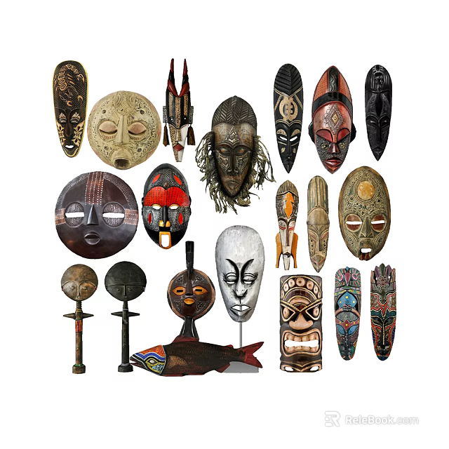 Collection Of Various Traditional Wooden Masks And Ethnic Carvings 3d model 