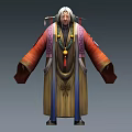 Elderly Man With White Hair In Traditional Red And Yellow Robe Three Different Angles View