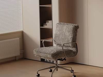 Gray Fluffy Fabric Office Chair With Metal Frame And Wheels In Modern Room Interior 3d model