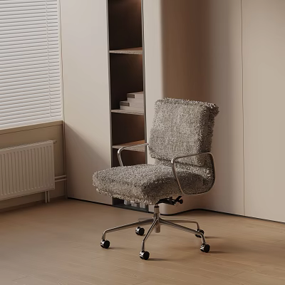Gray Fluffy Fabric Office Chair With Metal Frame And Wheels In Modern Room Interior 3d model