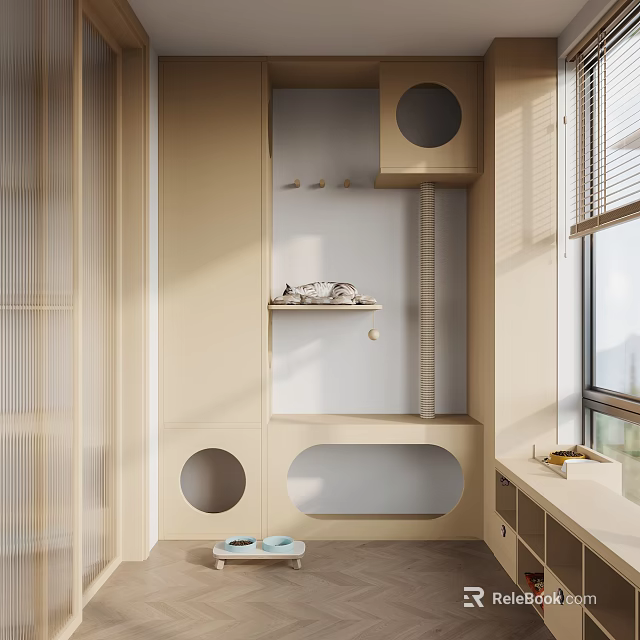 Home Balcony With Beige Cabinet Circular Holes Ladder And Shelf Design 3d model 