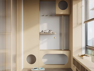Home Balcony With Beige Cabinet Circular Holes Ladder And Shelf Design 3d model