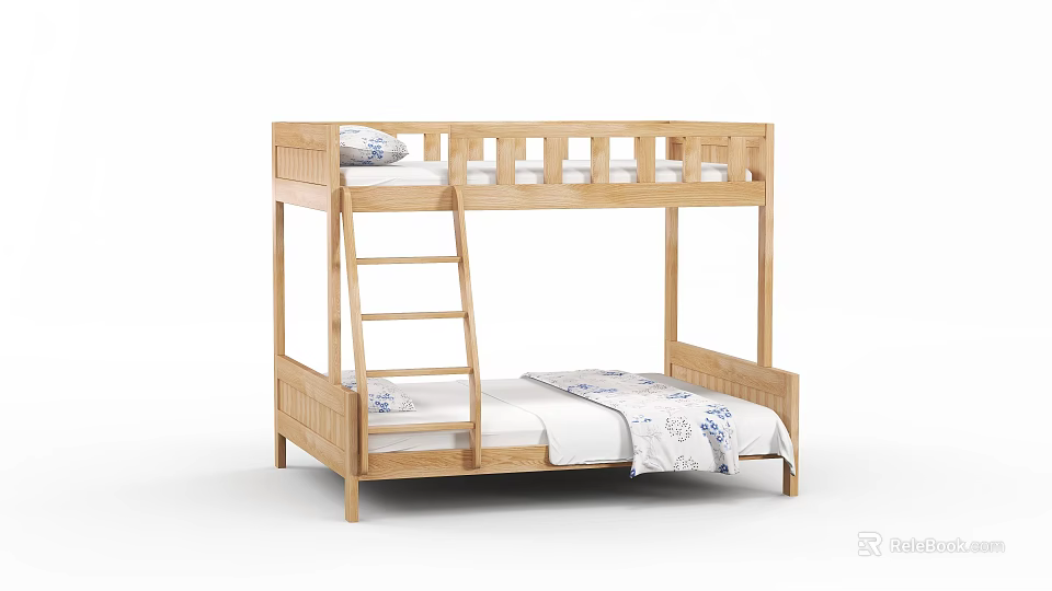 Simple Wooden Bunk Bed With Ladder Guardrails And Floral Bedding Mattresses 3d model 
