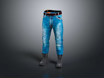 Fashionable Blue Denim Jeans with Black Belt and Gray Boots Casual Outfit 3d model