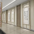 Modern Cultural Center Interior With Wooden Lattice Wall Signage And Tile Floor Design